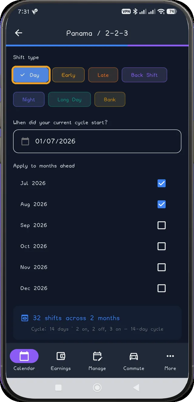 Panama fixed-shift configuration with the Day shift type selected