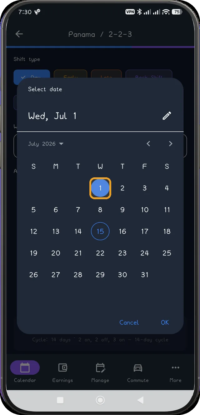 Date picker dialog for choosing the day the current cycle began