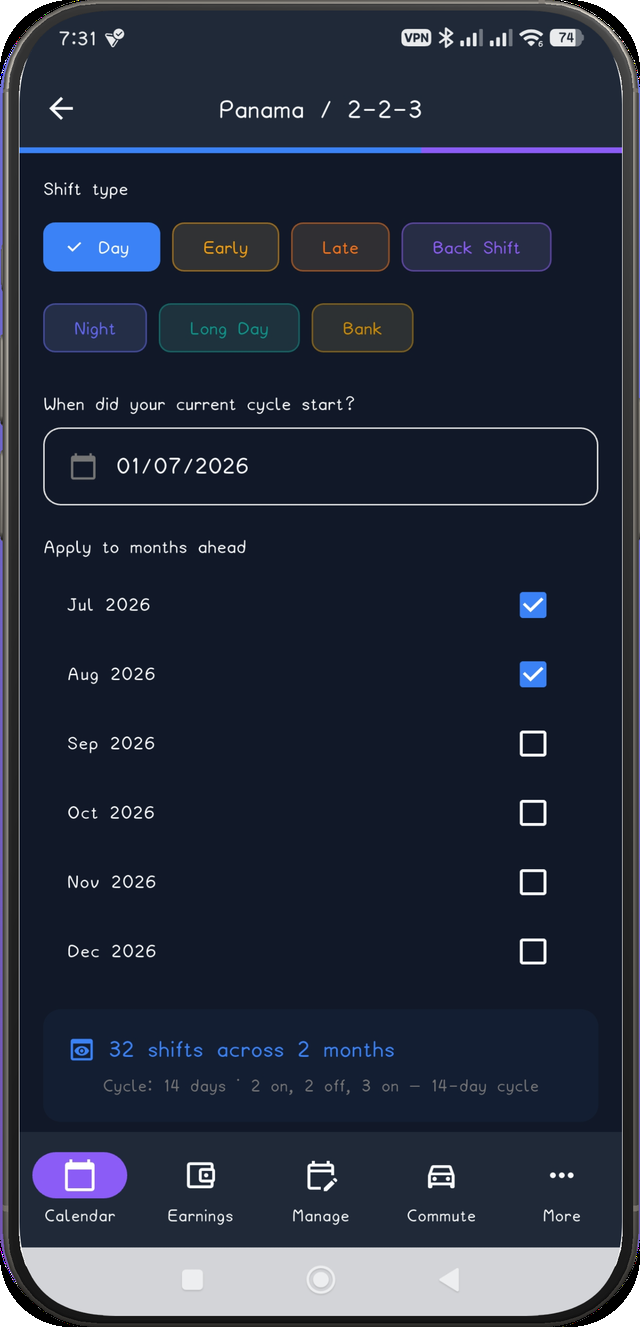 Panama config screen with the anchor date updated and live shift count recalculated