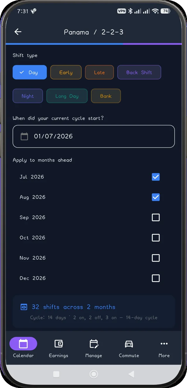 Panama config screen with the anchor date updated and live shift count recalculated