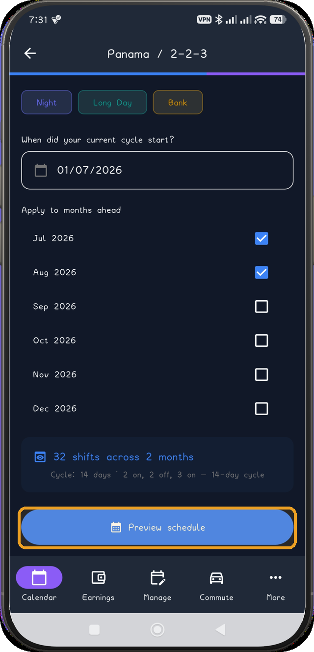 Panama config screen scrolled to the Preview schedule button