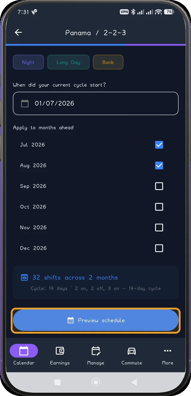 Panama config screen scrolled to the Preview schedule button