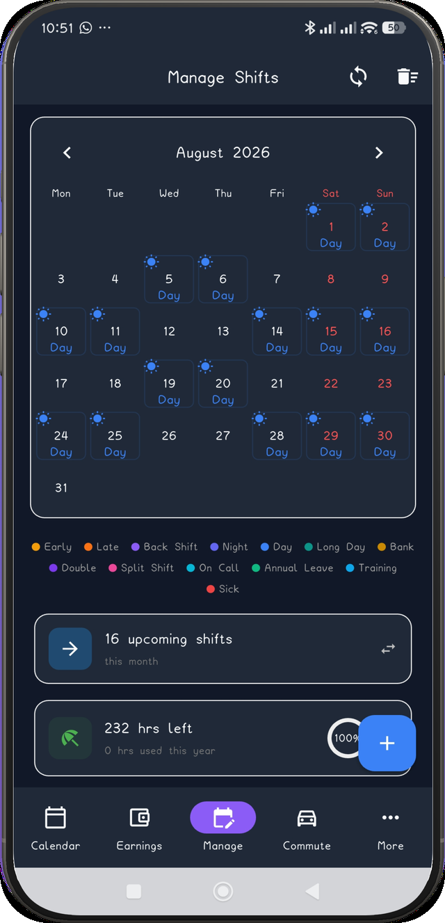 Manage Shifts month view with the Panama pattern applied and filled in