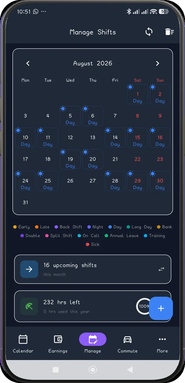 Manage Shifts month view with the Panama pattern applied and filled in