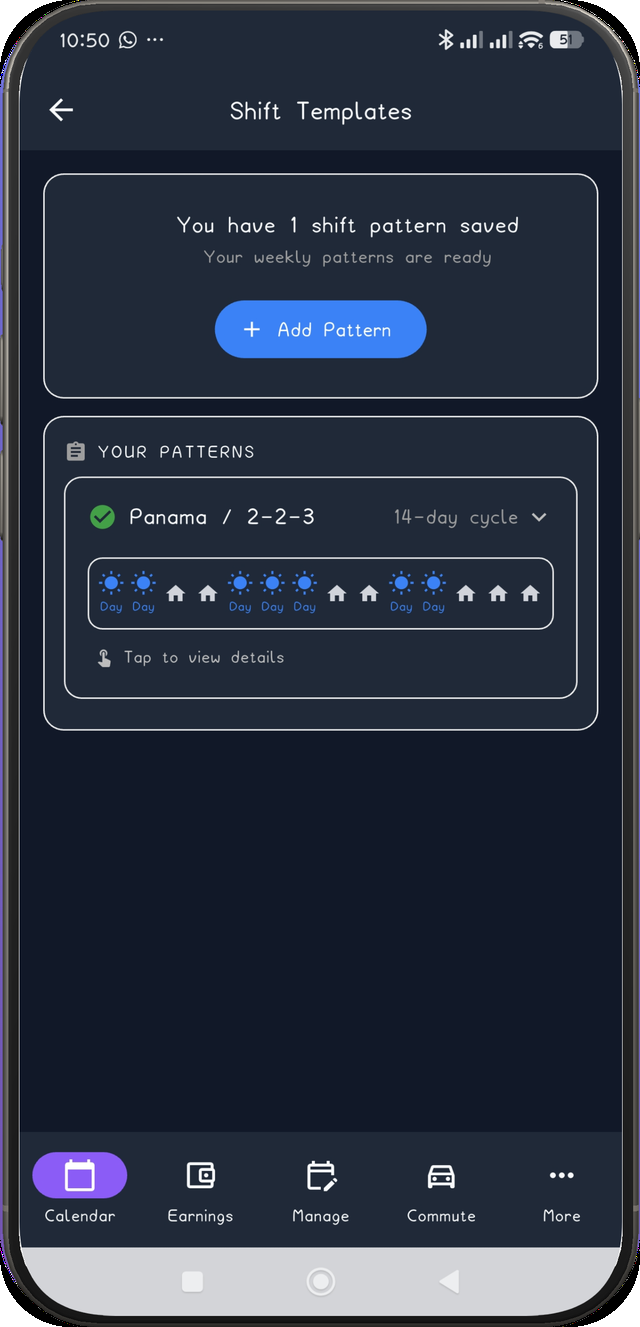 Shift Templates screen showing the saved fixed Panama 2-2-3 pattern, 14-day cycle