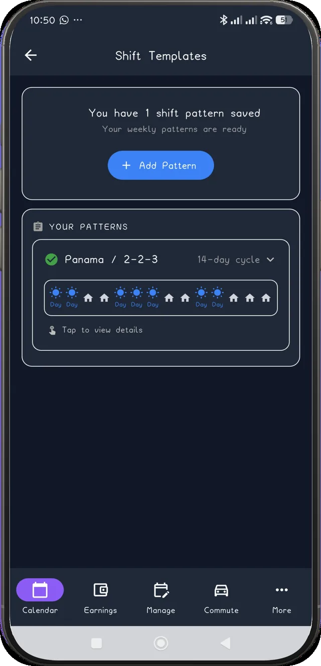 Shift Templates screen showing the saved fixed Panama 2-2-3 pattern, 14-day cycle