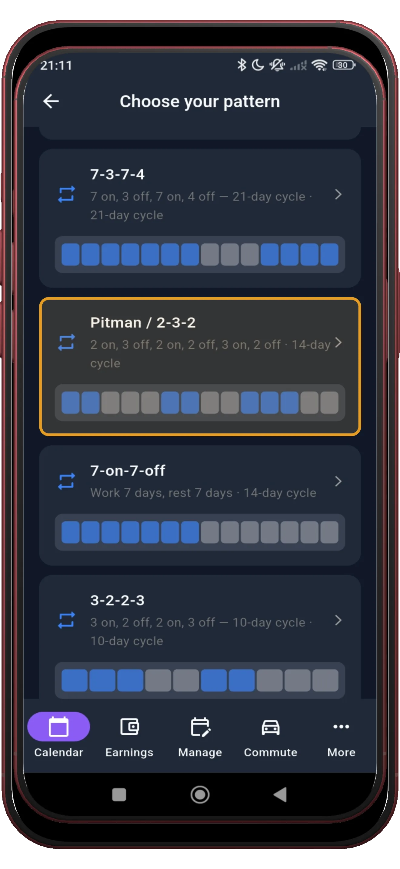 ShiftFlowr preset library with the Pitman 2-3-2 pattern selected