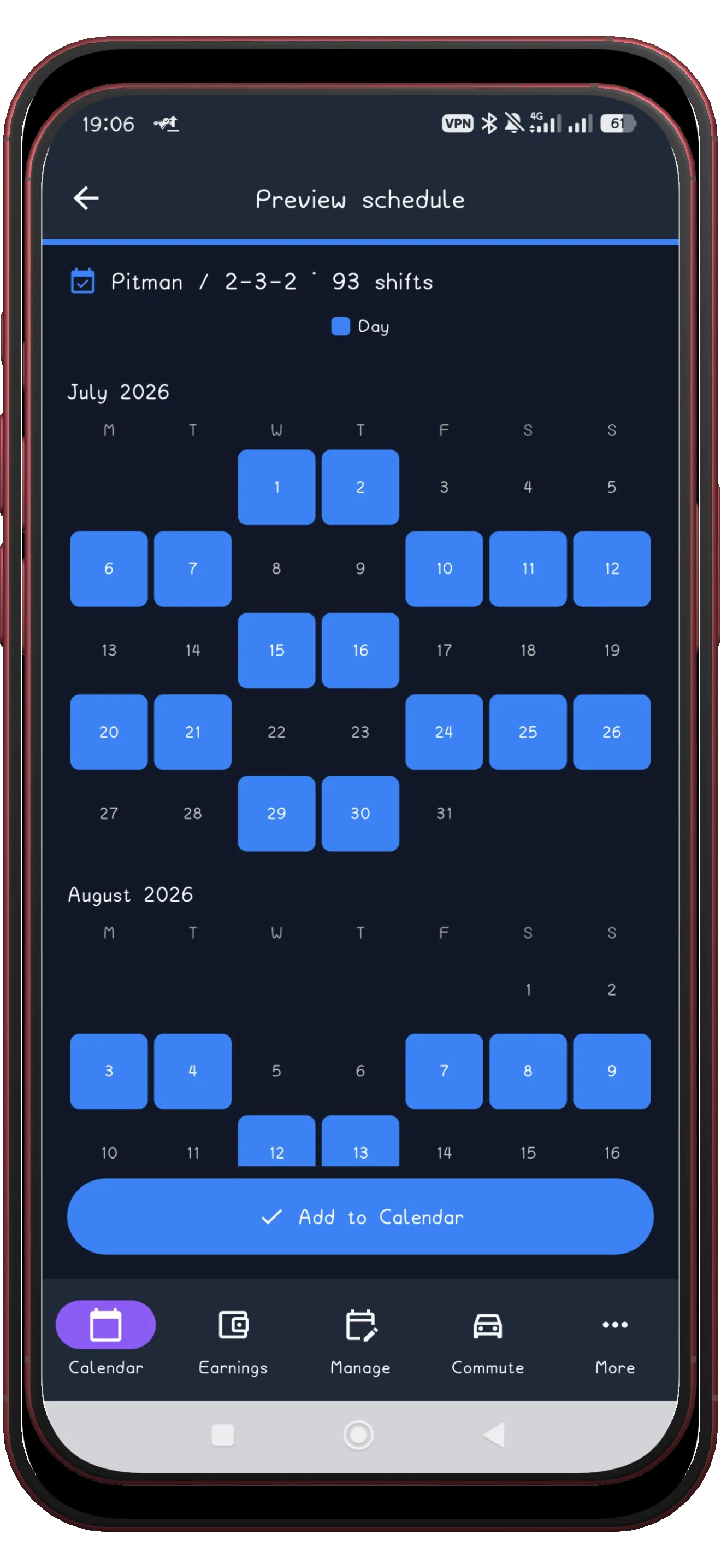 Configuring the Pitman pattern: shift type, times and anchor date with a cycle preview