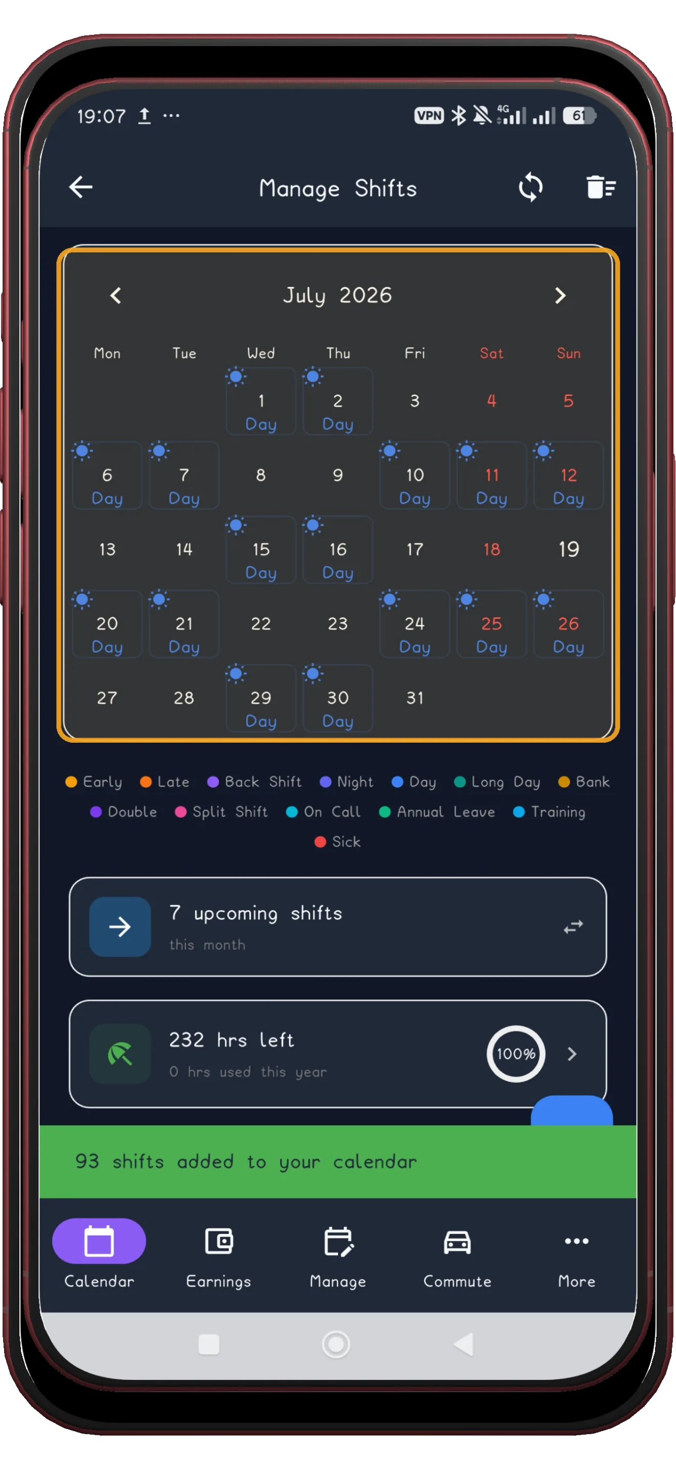 A month view filled with the applied Pitman 2-3-2 shifts