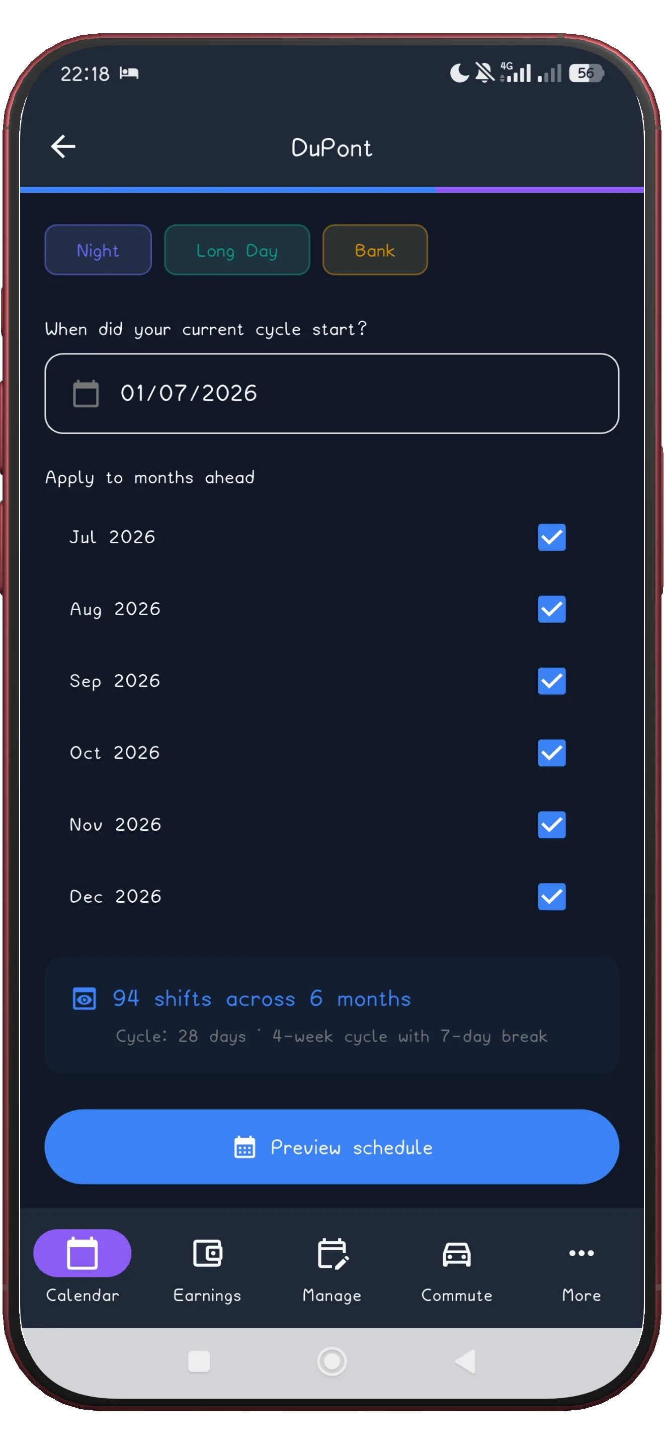 Configuring a rotating pattern with shift type, times, anchor date and cycle preview