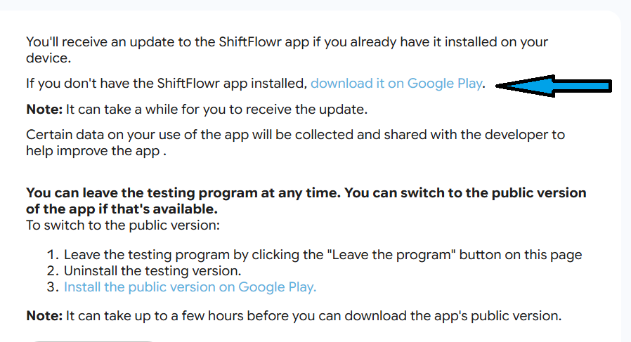 Google Play testing confirmation page with an arrow pointing to the 'download it on Google Play' link